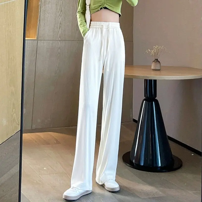 

Textured Opaque White Ice Silk Knitted Wide-Leg Pants Women's Summer Stretch Drawstring Pocket Vertical Striped Straight Pants
