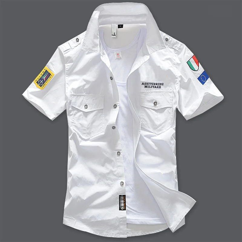 

New Men's Shirts Summer Embroidery Short Sleeve Tops 100% Cotton Cool Casual Air Force Male Millitary Cargo Shirt Plus Size