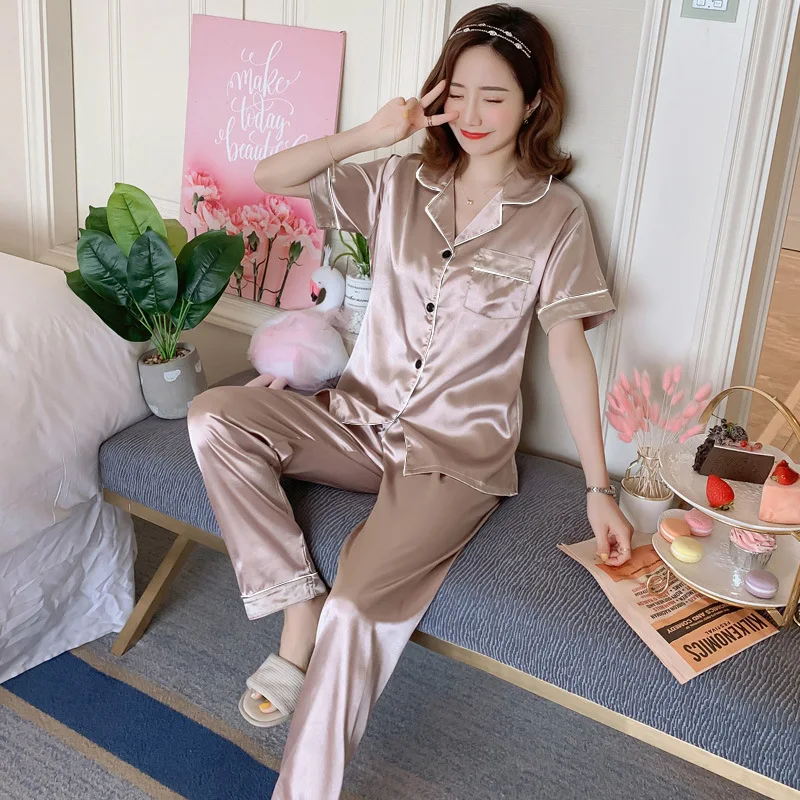 Summer women's pajamas silk ice silk thin short-sleeved trousers cardigan imitation silk sexy outerwear home service suit