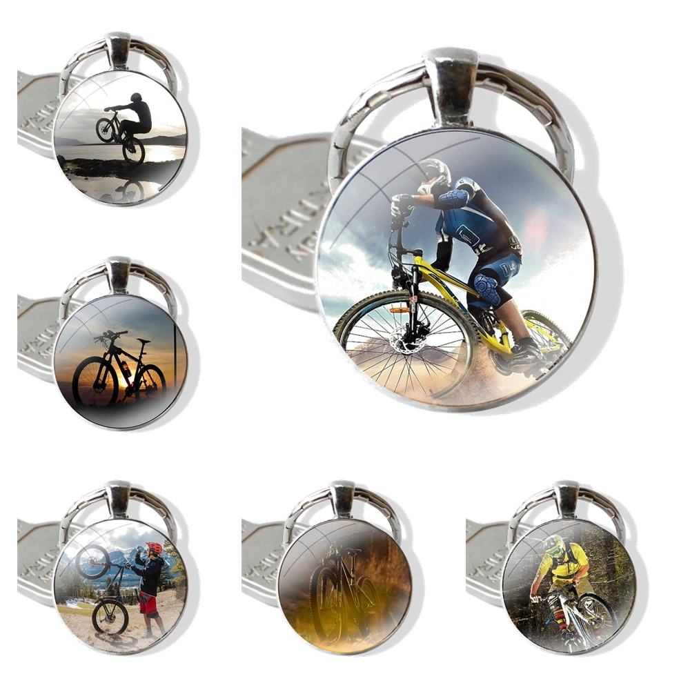 

Pendant Car Key Chains Handmade Glass Cabochon Keychain Amazing mountain bike Bicycle MTB Cartoon Fashion Design Creative
