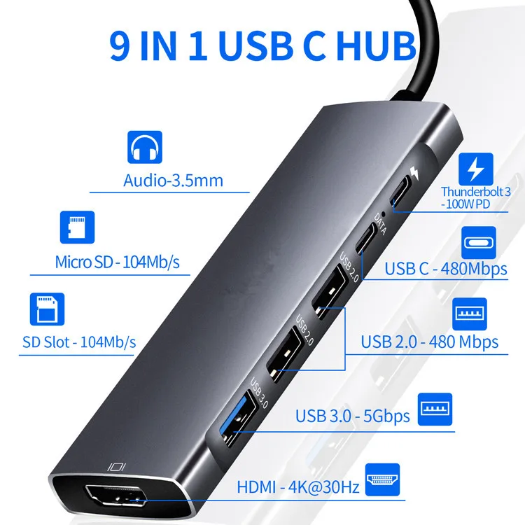 USB-концентратор с 4K HDMI 100 Вт PD 3 USB-C 5 Гбит/с кардридер TF/SD Thunderbolt USBC Hub для MacBook Air/Pro XPS |