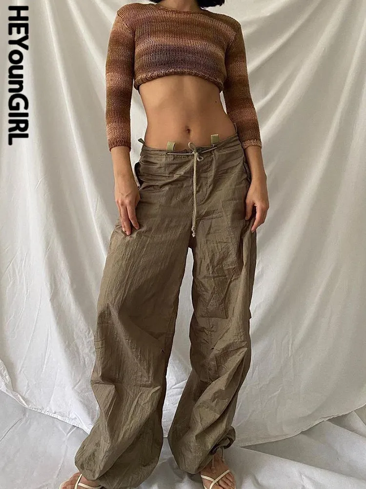 

HEYounGIRL Drawstring Lace Up Wide Leg Pants For Women Low Waist Fashion Harajuku Streetwear 2022 Casual Brown Sweatpants Basic