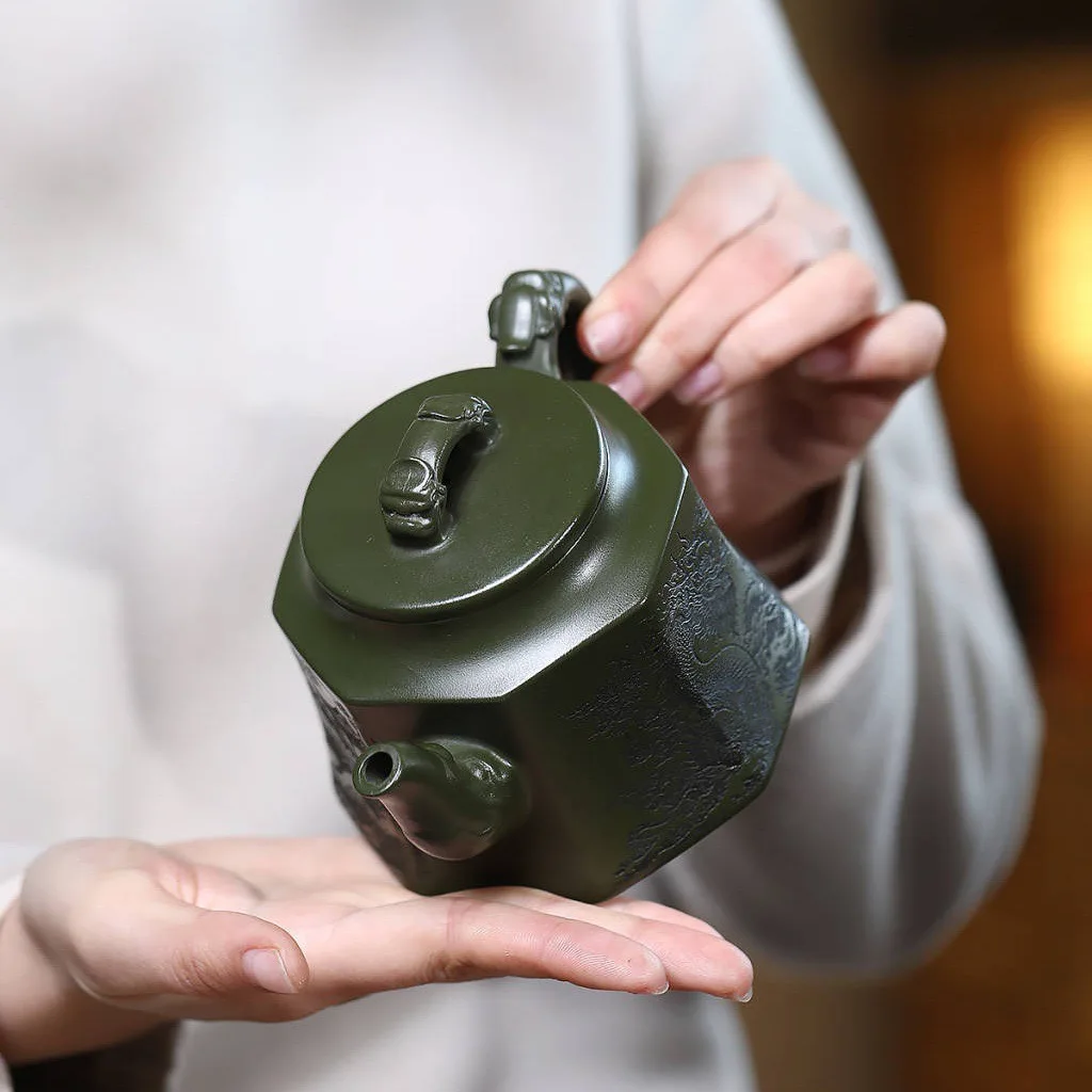 Фото Чайник из исинской необработанной зеленой глины Bafang Golden Bell, фиолетовый глиняный чайник для дома, высококачественный, большой емкости, для чайной церемонии Кунг-фу, подарочный набор №4