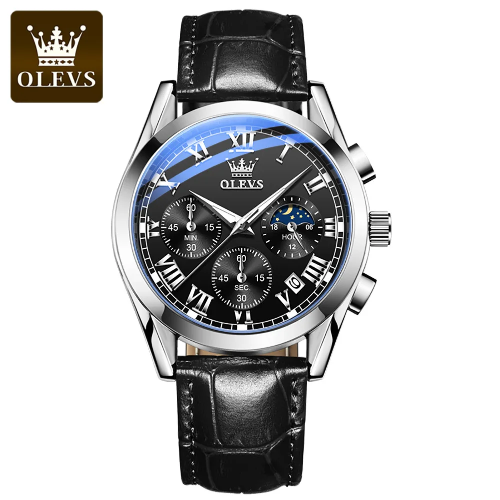 

OLEVS Men Watch Three eyes Watches Leather Top Brand Luxury Date Waterproof Luminous Chronograph Quartz Watch Men Fashion Watch