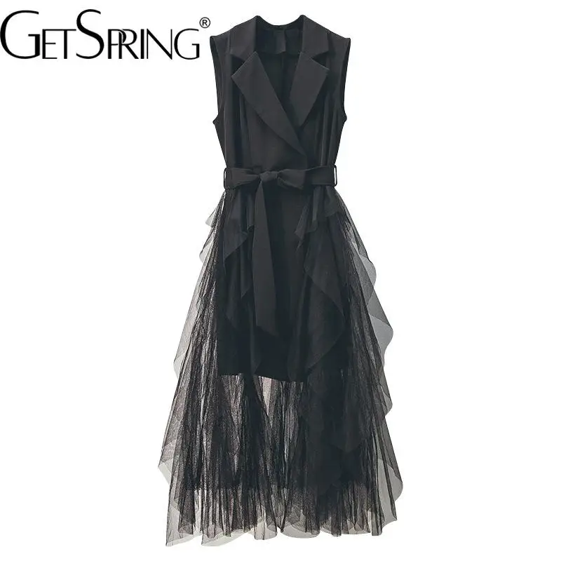 

GetSpring Women Dress Temperament Sleeveless Notched Collar Mesh Stitched Blazer Dress Lace Up Slim Thin Long Dresses 2022 New
