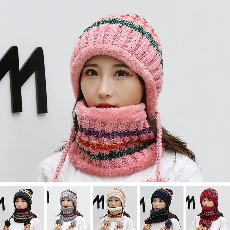 

Cold Winter Women Knit Cap And Scarf Outdoor Keep Warm Winer Sets Windproof Thermal Fashion Casual Female