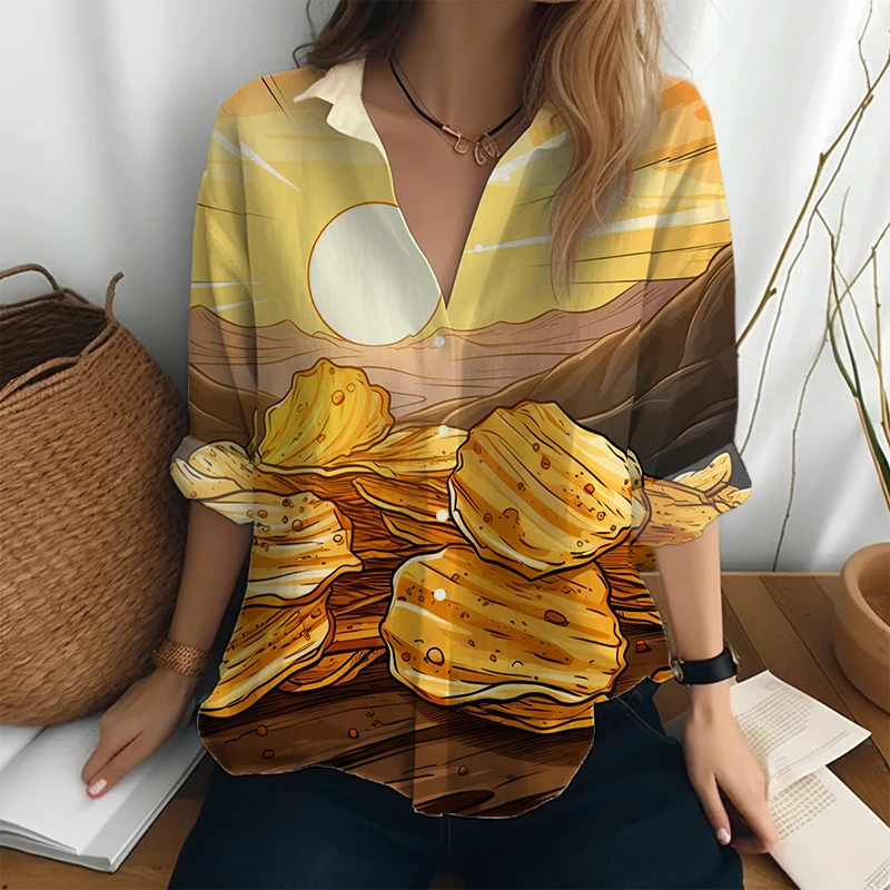 

Creative Potato Chips 3D Printed Shirt Spring and Autumn Outdoor Casual Shirt Female Lapel Button Long -sleeved Shirt