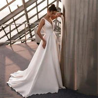 simple satin wedding dress sexy v neck elegant beach bride dresses backless wedding party dress long train 2022