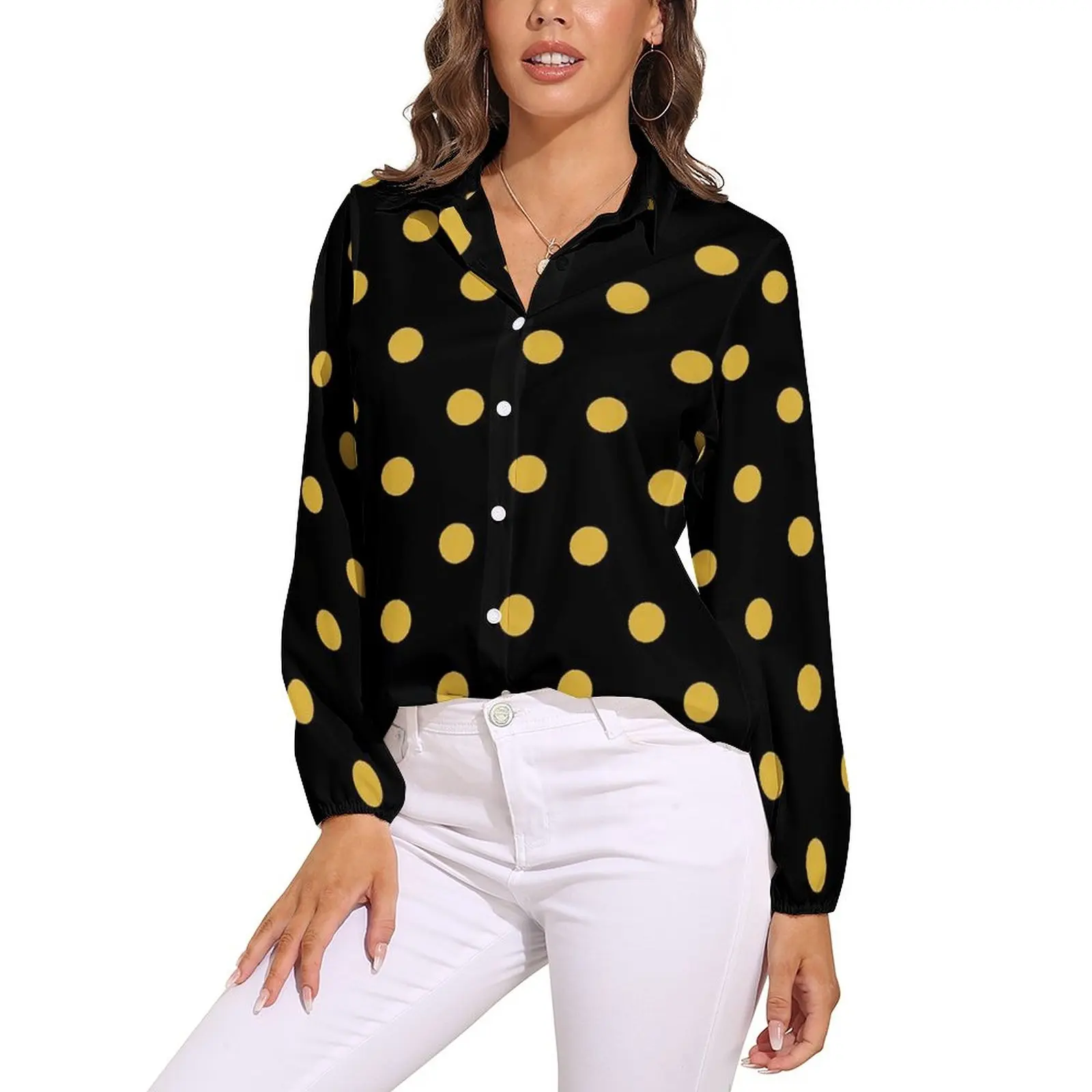 

Gold Dot Print Blouse Long Sleeve Polka Dots Retro Blouses Women Casual Oversized Shirt Design Clothes Birthday Gift