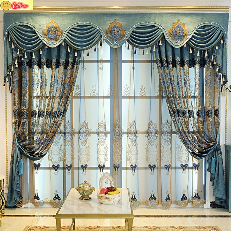 

Curtains for Living Room Luxury Elegant Embroidery Valance Drapes Sheer Tulle Chenille Hall Set Blackout Bedroom Interior Decor