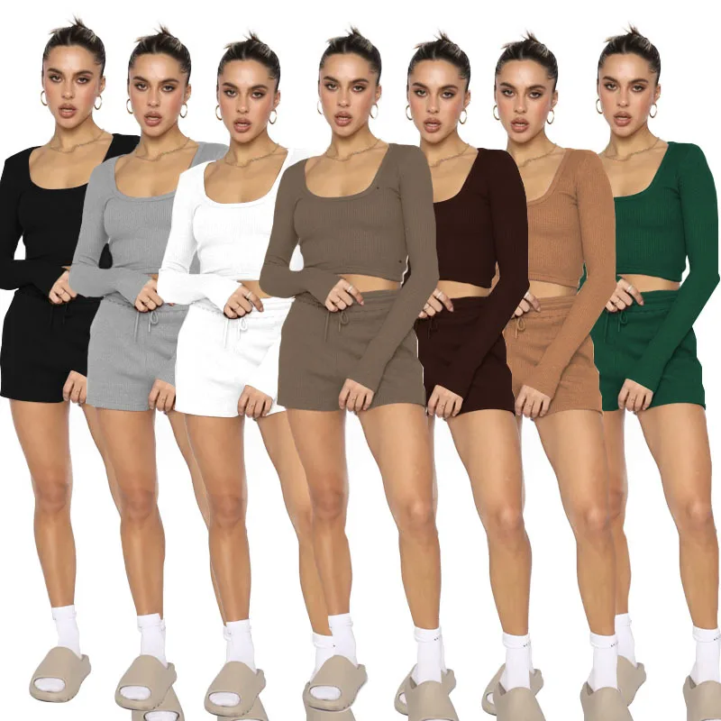 

Spring New Waffle Solid Color U-neck Long-sleeved Sports Shorts for Women Sexy 2 Piece Outfits Fashion Casual Shorts Suit