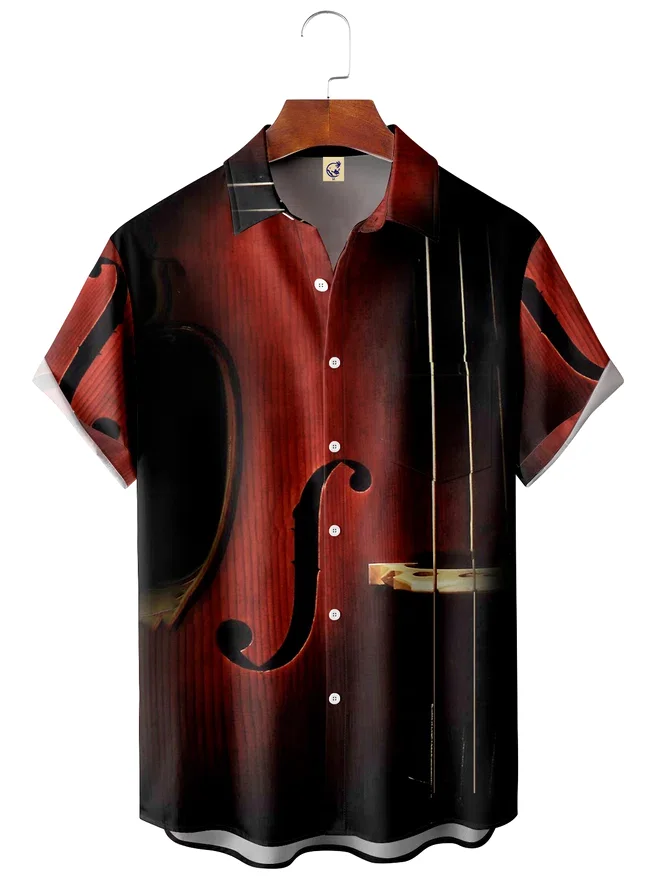 

Music electric guitar stitching printing simple casual style Hawaiian beach men's summer shirt, custom shirt printing