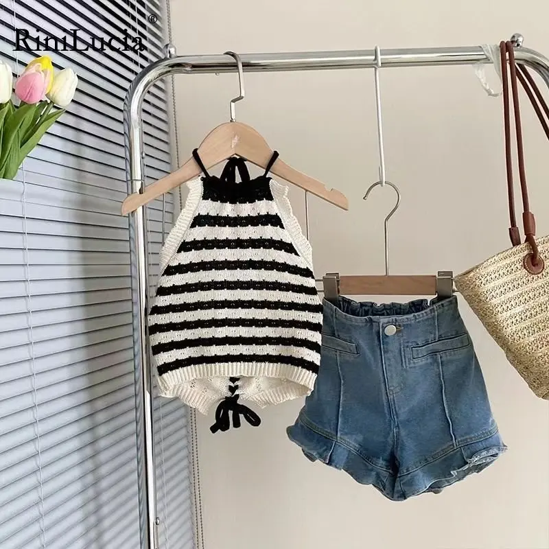 

Girls Summer Clothing Set 2023 Kids Suit Girl Fashion Sleeveless Knit Vest Denim Shorts 2pcs Outfits Children Sets