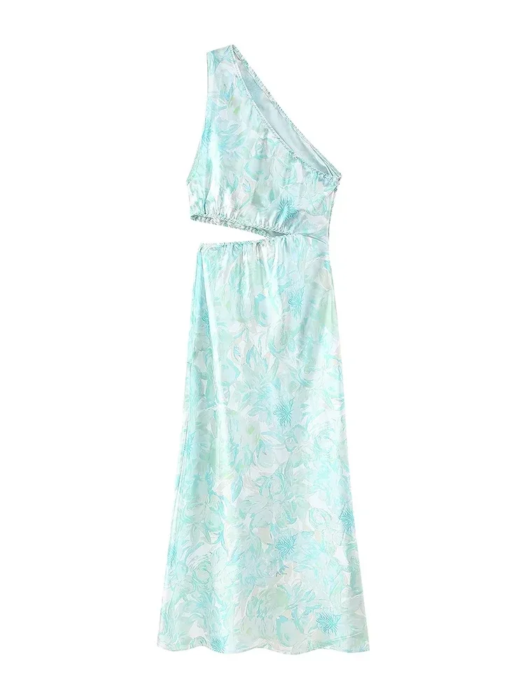 Женское атласное платье без рукавов с диагональным вырезом и разрезом