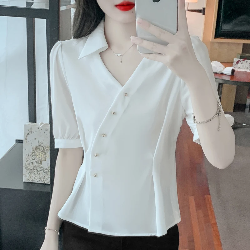

Chiffon Women's Shirt Summer 2023 New Solid Blouses Slim Fit Casual Short Sleeves Top V-neck Ladies Clothing YCMYUNYAN