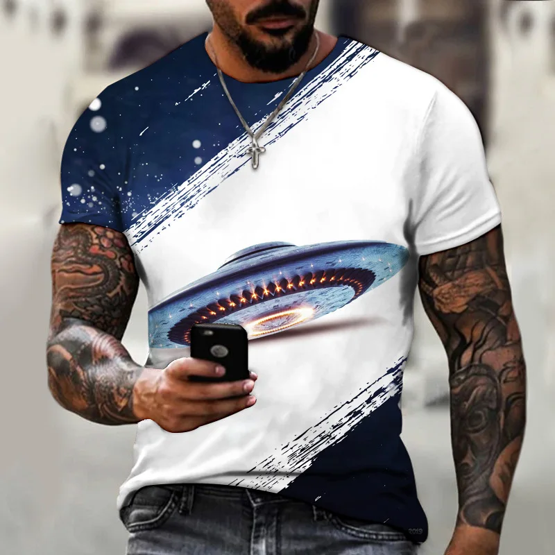 

T-shirt Men's Short-sleeved 3d Printing Men's UFO Pattern Unisex T-shirt Silver Summer Short-sleeved Large Size T-shirt 5XL