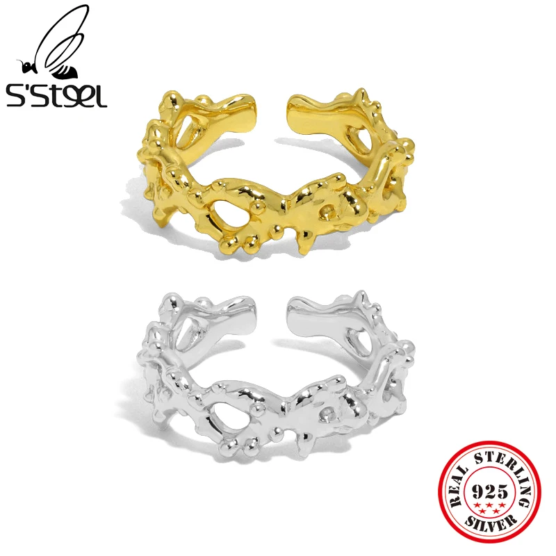 

S'STEEL Pure 925 Silver Hollow Bohemia Open Ring For Women Minimalist Design Vintage Gold Wedding Gift 2022 Trend Fine Jewellery