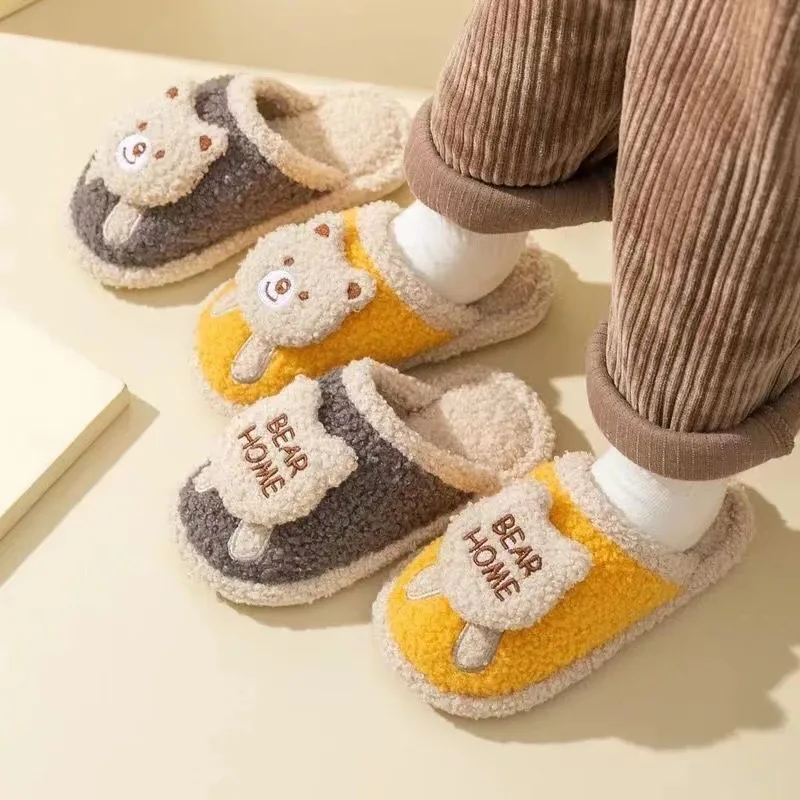 

Детские Флисовые Тапочки для мальчиков и девочек, домашние тапочки с мультяшным медведем, зимняя теплая хлопковая обувь, нескользящая Мягк...