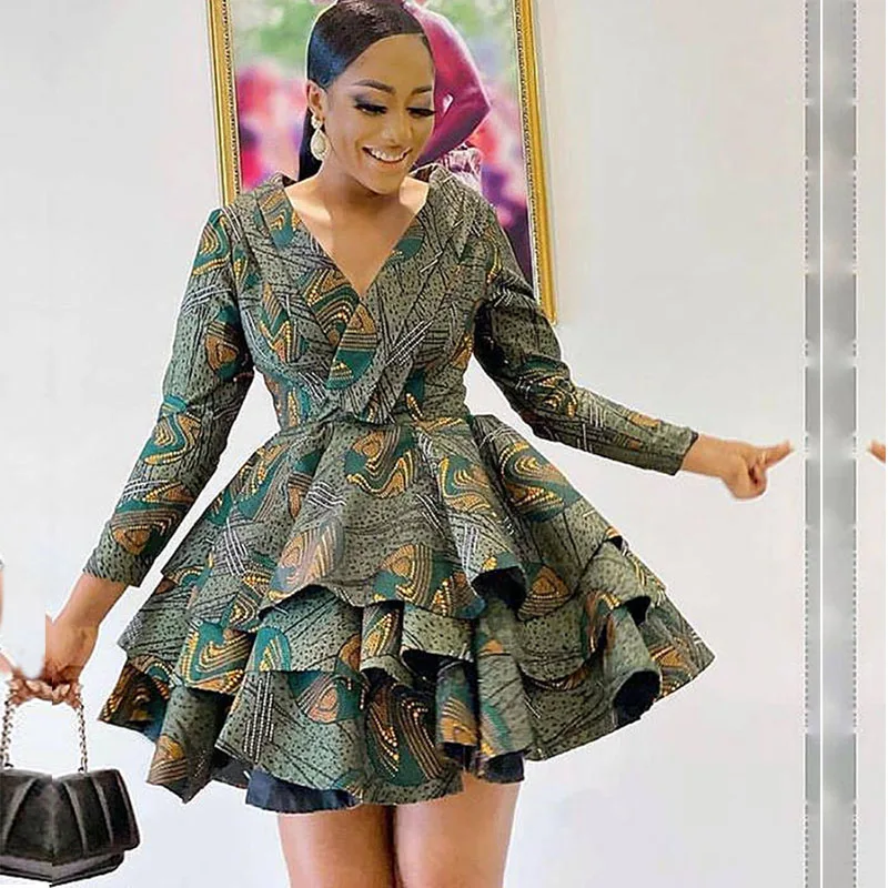 Платье женское с длинным рукавом V-образным вырезом и воланом |