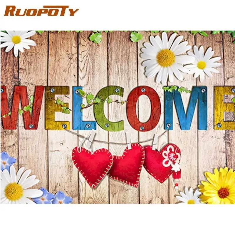 

RUOPOTY full round square Diamond Embroidery Cross Stitch Flower 5D DIY Diamond Painting welcome home Mosaic Sale Wall Art