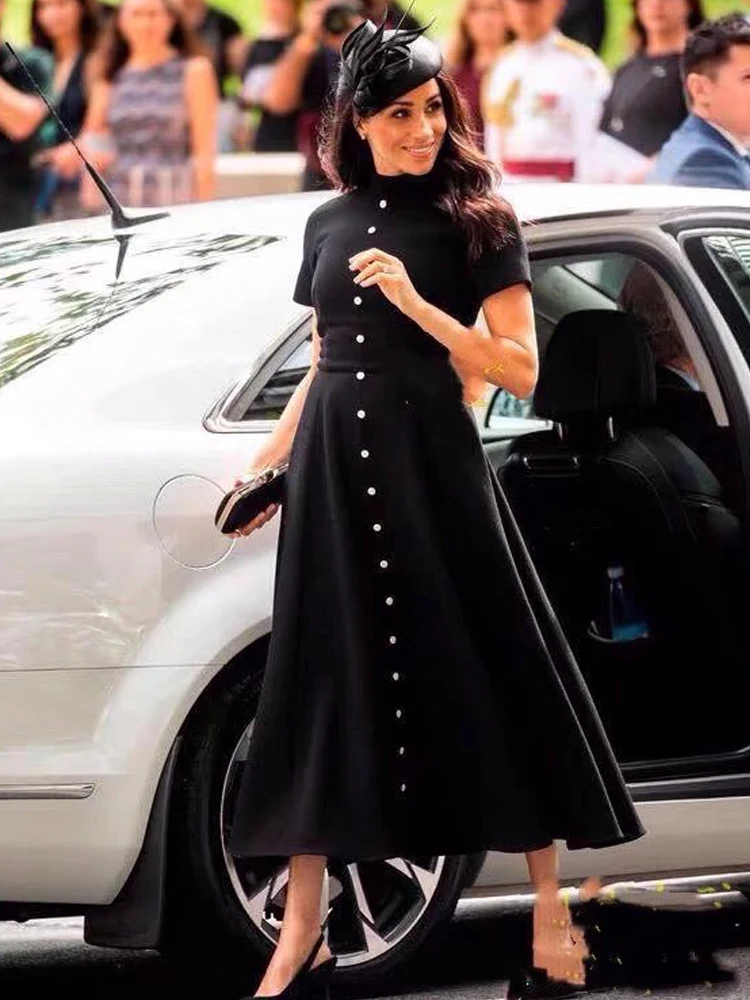 

Princess Designer Women'S New Summer Party Casual Elegant Chic High Quality Single Breasted Patchwork Fashion Black Midi Dress
