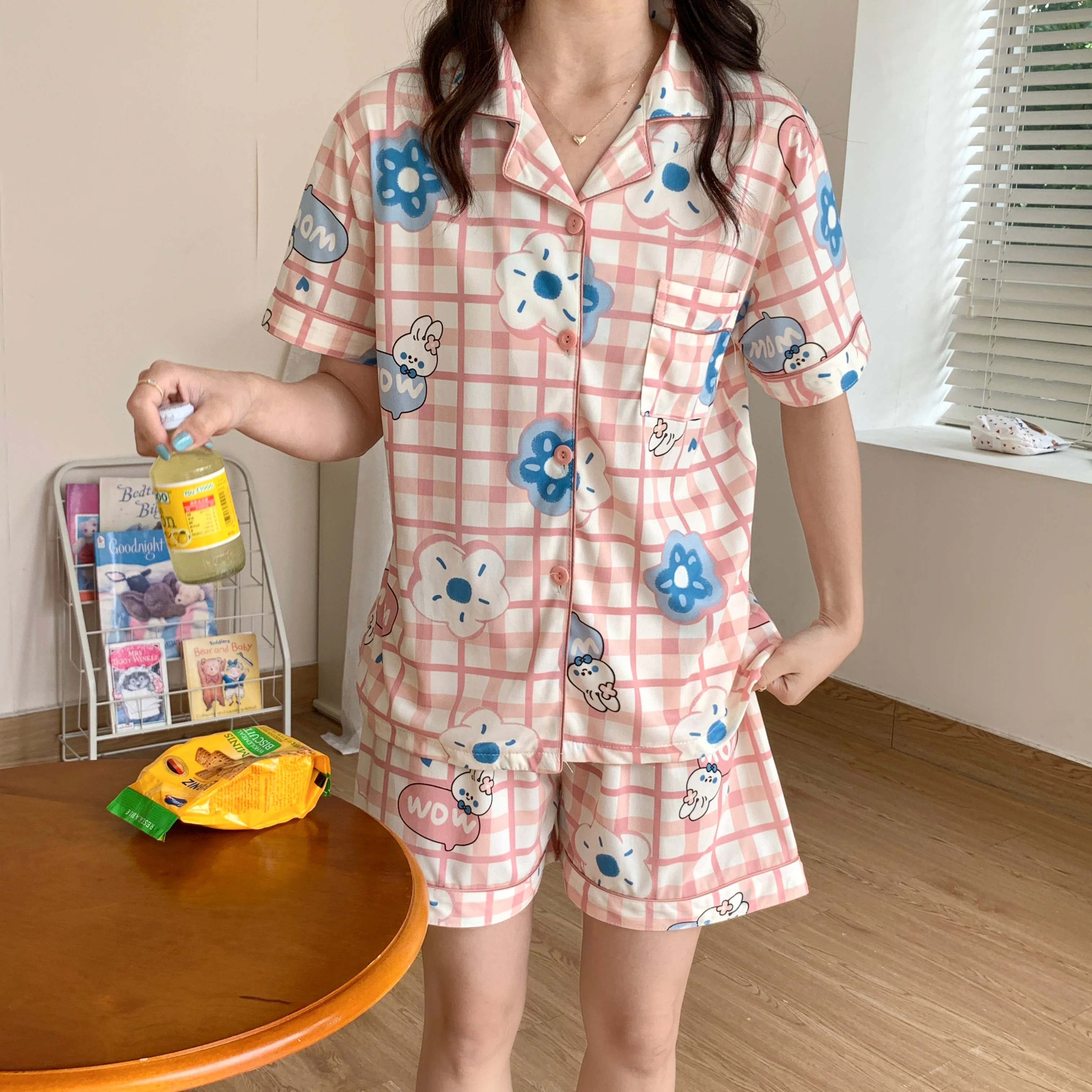 

Летний женский кардиган с коротким рукавом, пижамный комплект, тонкая пижама в клетку с цветочным принтом, шорты, Пижама, костюм из двух пред...