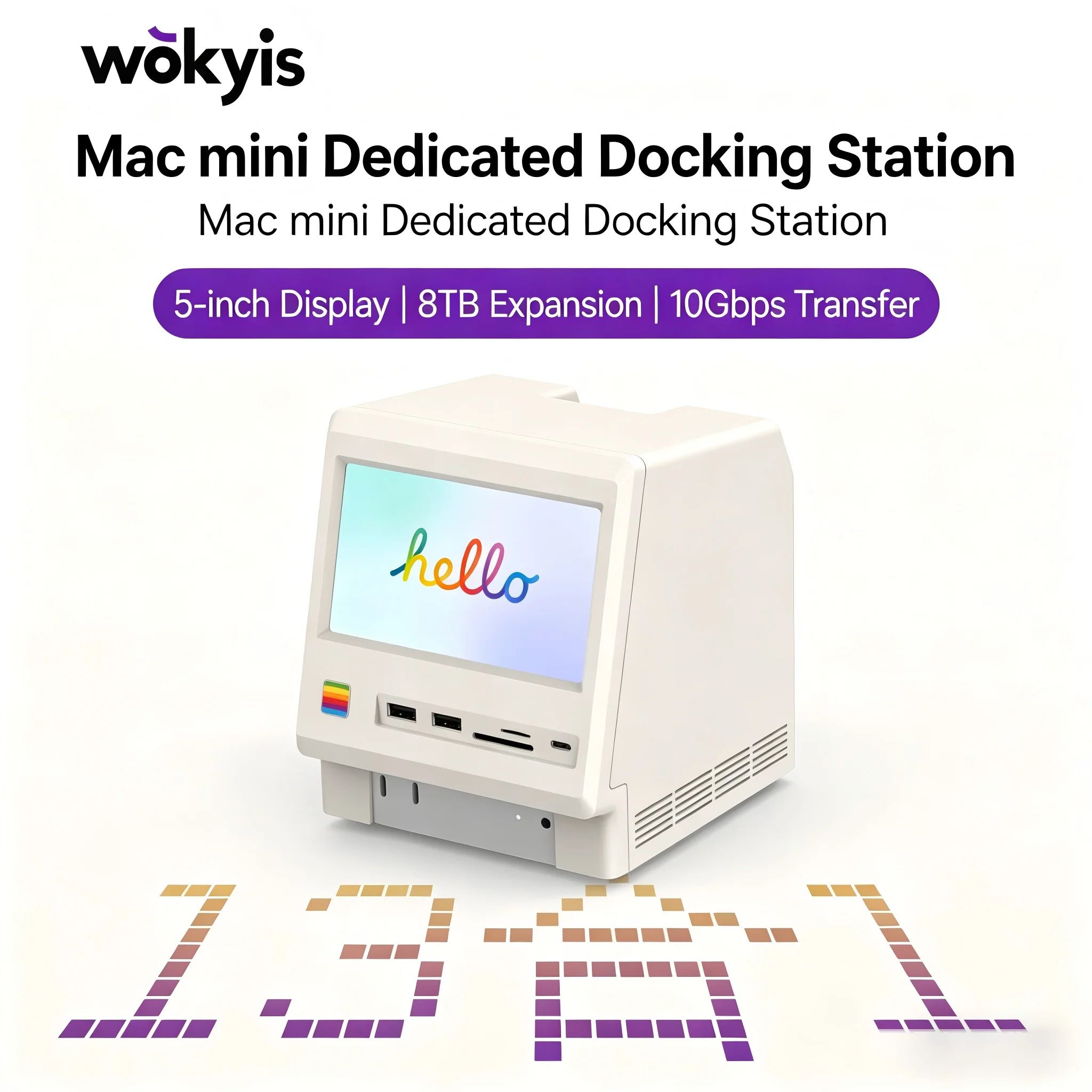 Фото Док-станция Wokyis M5 10Gbps / 80Gbps для Mac mini M4 с 5-дюймовым Full HD IPS экраном, USB-C HUB, монитором и отсеком для M.2 SSD №1
