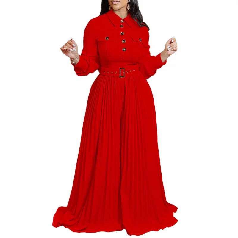 

Elegant Pleated Jumpsuit African Dresses for Women Fall Outfits Long Sleeve Button Shirt Top Lady One Piece Club African Clothes