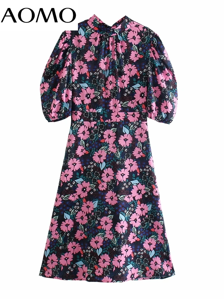 

AOMO 2022 Fashion Women Flowers Print Backless Bow Dress Long Sleeve Ladies Beach Midi Dress 1F483A