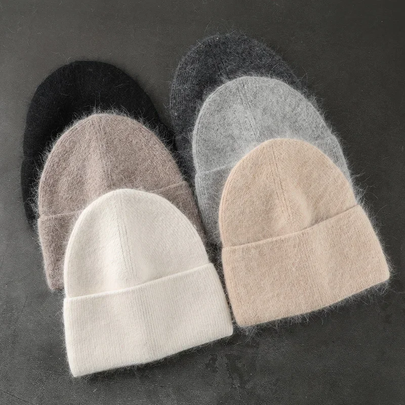 2023 Angora Knit Winter Hat For Womens Rabbit Fur Fluffy Knitted Beanies Korea Luxury Bonnet Female Soft  Warm Skullies Beanies