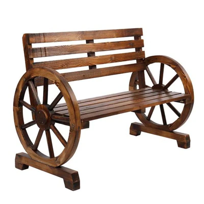 104.5*53.5*78.5Cm Rustic Retro Carbonized Color Wagon Wheel Bench Solid Fir Wood Suitable for Backyard Terrace Garden Outdoor