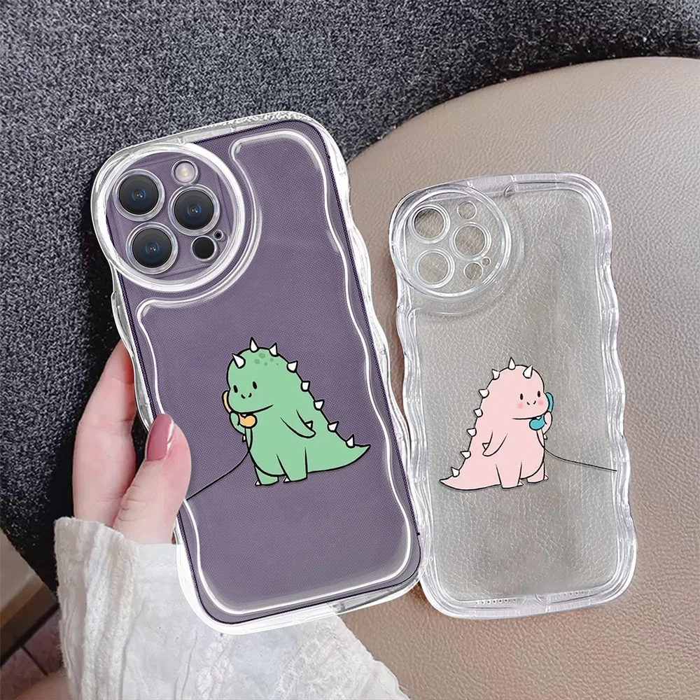 

For iPhone 14 Pro Max Wavy Edge Cute Dinosaur Couple Phone Case for iPhone 13 12 11 Pro Max Mini Clear Soft Coque Silicone Cover