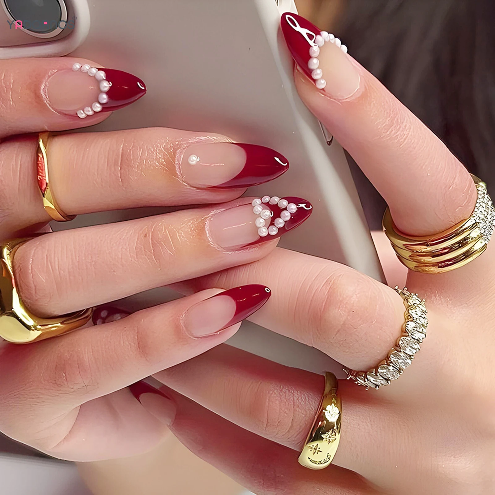 24 шт. миндалевидные накладные ногти красный французский стиль пресс для ногтей