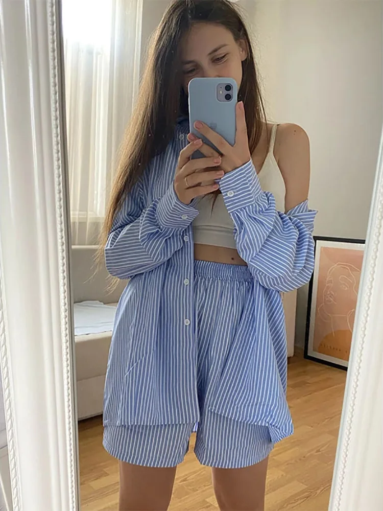 

Women Shorts Two Piece Set Stripe Long Sleeve Shirt Tops And Waist Loose High Mini Shorts Suit Lady Casual Tracksuit Loung Wear