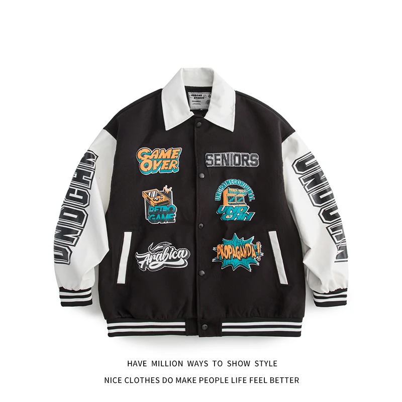 

New Arrival Autumn Game Print Patchwork Men's Baseball Bomber Coat Unisex Women's Varsity Jacket Streetwear Casual Vintage Chic