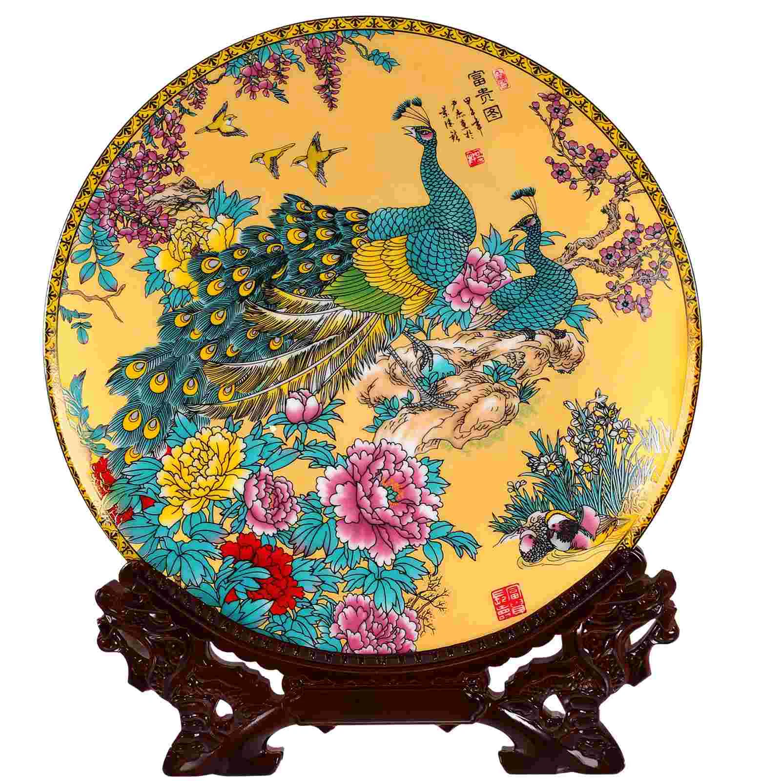 

Ceramic Plate with Display Stand Chinese Style Decorative Plate Cabinet Handicraft Ornament