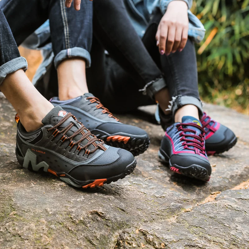 JIEMIAO High Quality Couple Hiking Shoes Outdoor Genuine Leather Trekking Shoes Waterproof Non-Slip Climbing Travel Men Sneakers