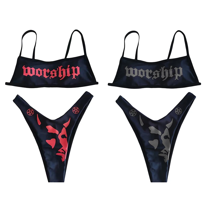 

Очаровательный Женский комплект бикини, топ без рукавов с открытой спиной и надписью, стринги во французском стиле, женская одежда