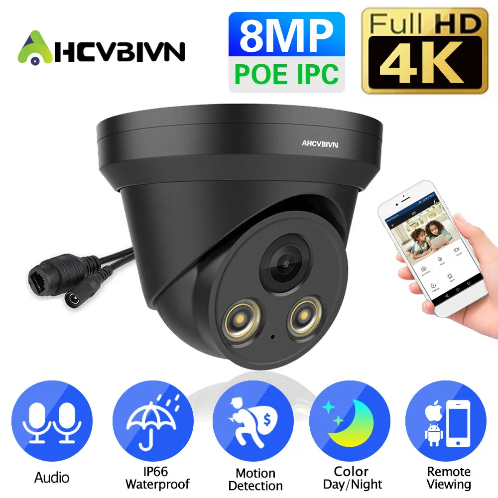 

4K Colorful Night Version IP HD POE H.265 Camera Audio Outdoor DC12V POE 48V Black Metal Dome CCTV Home 8MP P2P IP67 Camera