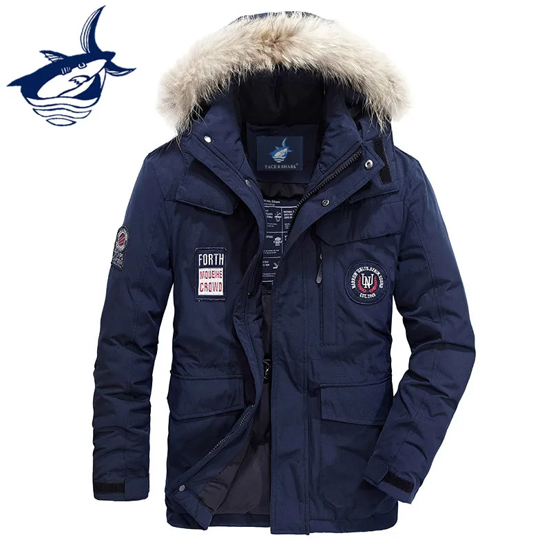 

2018 Men's Winter Jacket Thicken Fur Collar Embroidery Windproof Hooded Tace & Shark White Duck Down Jacket Men Down Coats m