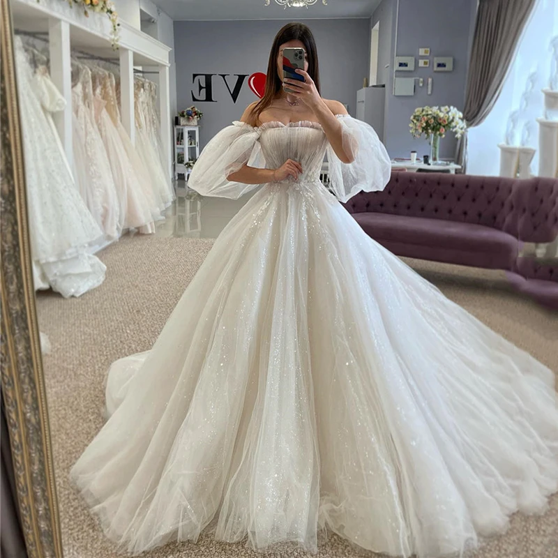 

LORIE Ivory Sparkling Shiny Glitter Wedding Dresses Ball Gown Strapless Pleats Crystal Bride Dress Wedding Gowns 2023