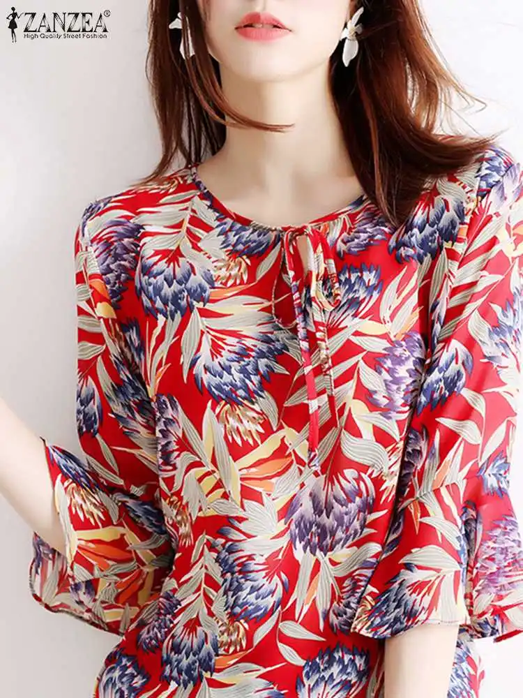 

ZANZEA Casual OL Flare Sleeve Shirt Oversize Women Fashion Chiffon Blouse Summer Floral Print Blusa Lady Lace Up Drawstring Top