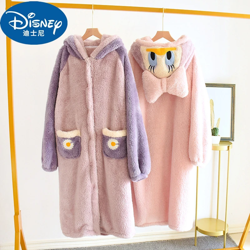 Kawaii Disney Anime Daisy Duck Pajamas Suit Coral Fleece Thickened Hooded Nightgown Home Plush Clothes For Girls Christmas Gifts