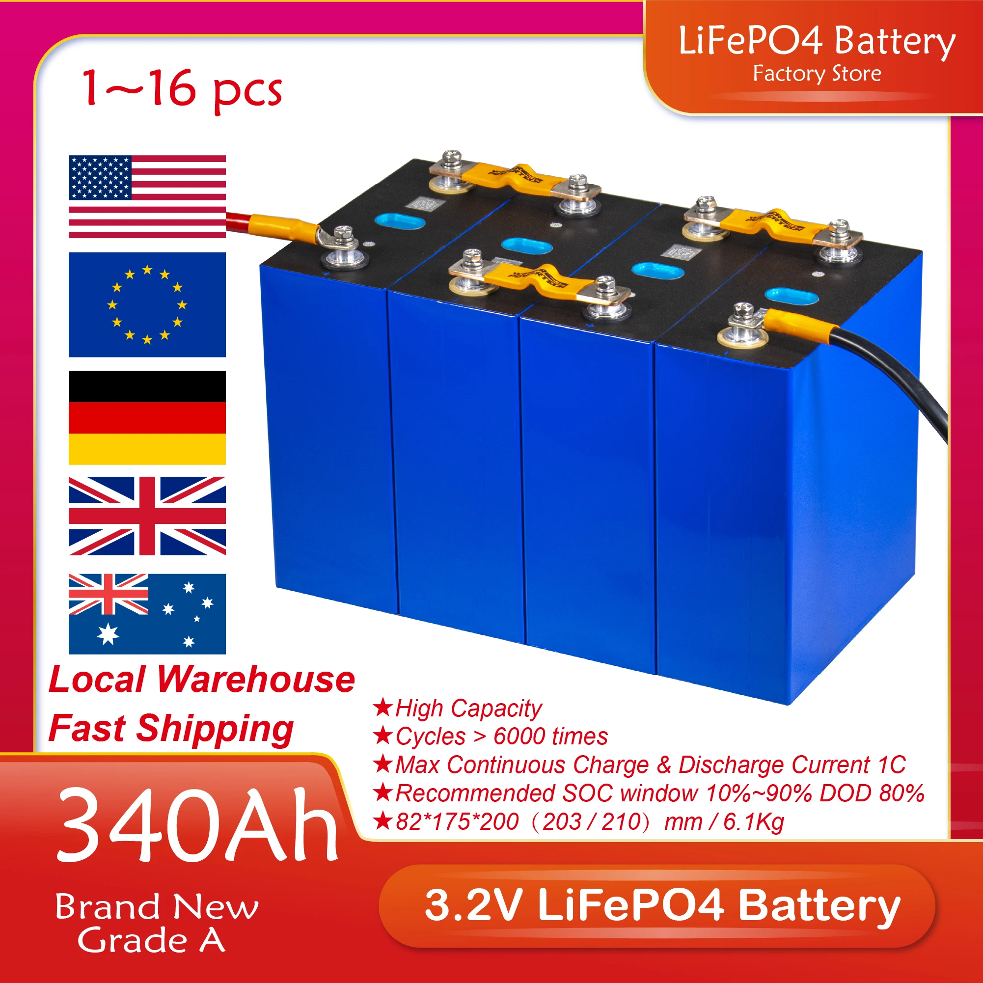 

Новый набор аккумуляторных батарей класса A 3,2 Ач в LiFePO4, 4/8/16/32/48 шт., 12 В, 24 В, 48 В, без налогов