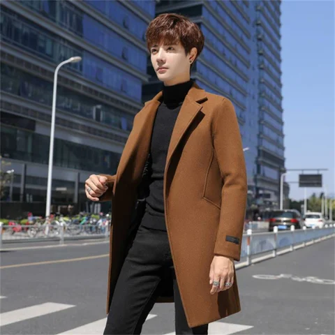 Новинка 2023, осенне-зимнее мужское шерстяное пальто, модное повседневное Трендовое пальто средней длины, теплое пальто