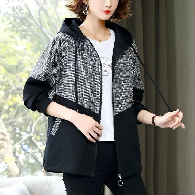 

New Spring Autumn Jackets Plaid Hooded Women's Coats Splicing Long Sleeve Zipper Pocets Drawstring Loose Casual Outwear 2022 Top