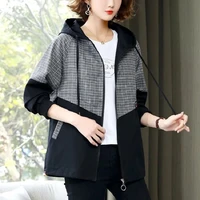 new spring autumn jackets plaid hooded womens coats splicing long sleeve zipper pocets drawstring loose casual outwear 2022 top