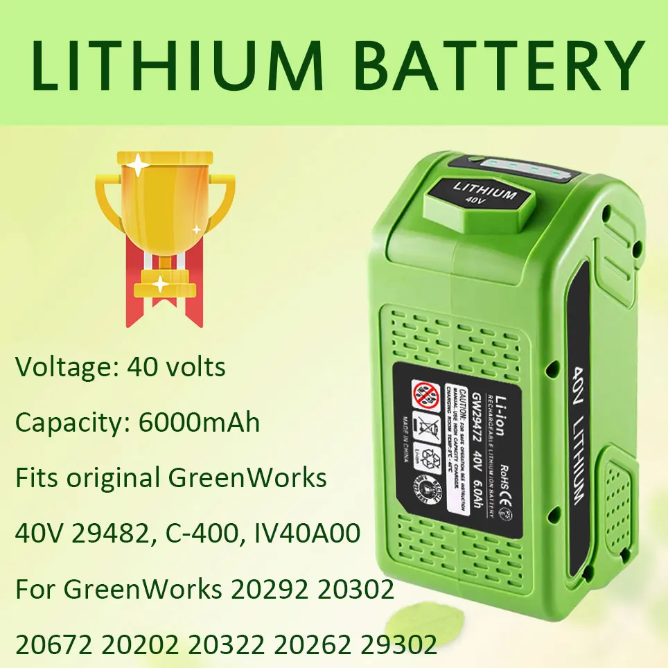 

6000 мАч G-MAX 40 В литий-ионная запасная батарея для GreenWorks 20292 20302 20672 20202 аккумуляторная батарея