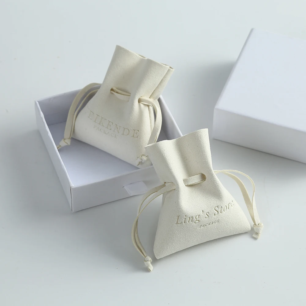 Personalized Logo Beige Microfiber Jewelry Organizer Bag Drawstring Necklace Earrings Rings Storage Pouch Chic Wedding Favor Bag