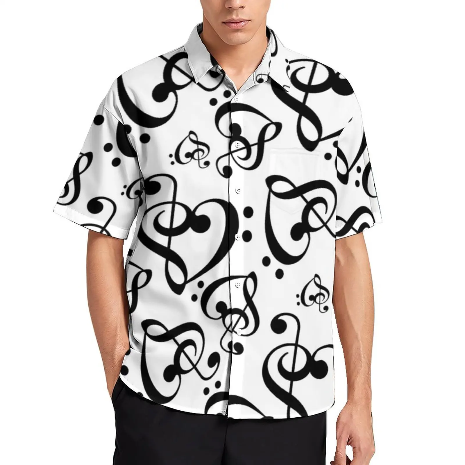 

Hearts Music Notes Blouses Man Black And White Clef Casual Shirts Hawaiian Short-Sleeve Design Stylish Oversize Beach Shirt Gift